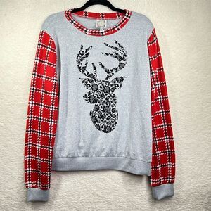 Tru Self Women's XL Gray Plaid Pullover Top Reindeer Graphic Winter‎
